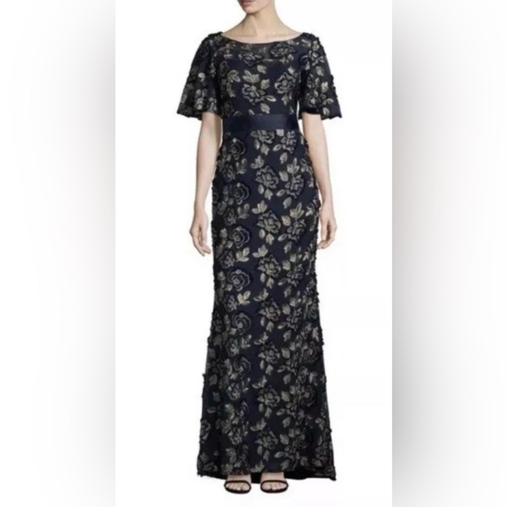 Embellished Navy Floral Lace Maxi Dress